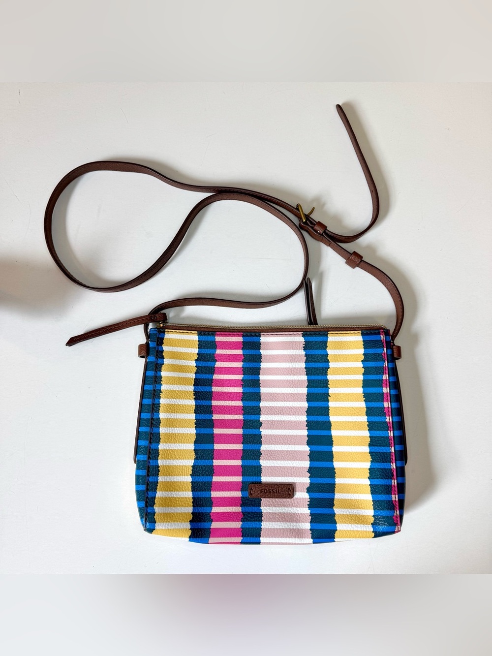 Fossil Colorful Pink Blue Yellow Striped Crossbody Bag‎ Purse